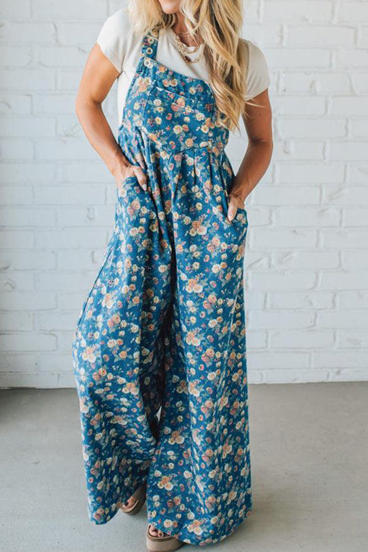 Blue Vintage Rose Printed Pleated Loose Denim Overall Jumpsuit