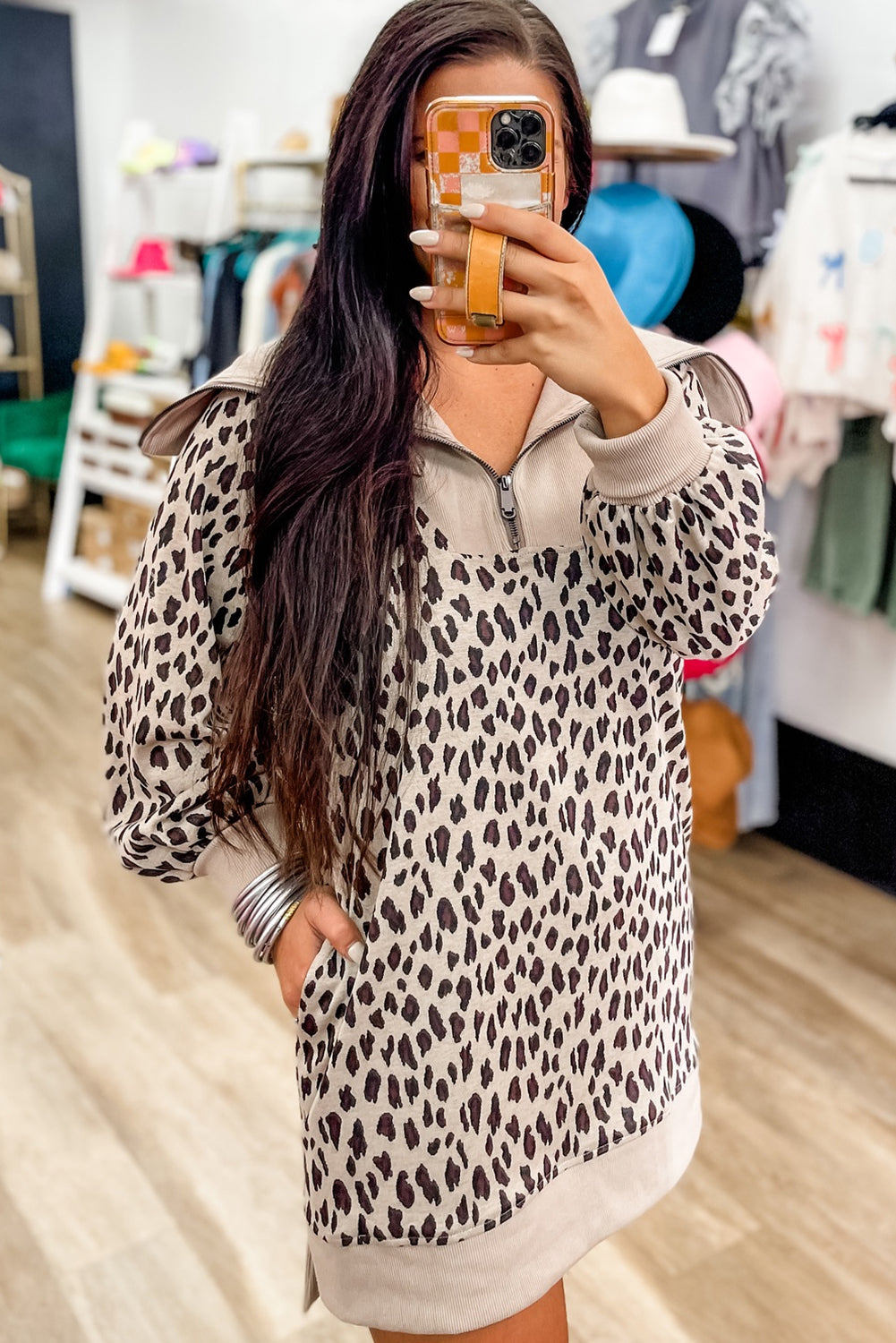 Khaki Leopard Print Zip up Collar Patchwork Shift Mini Dress