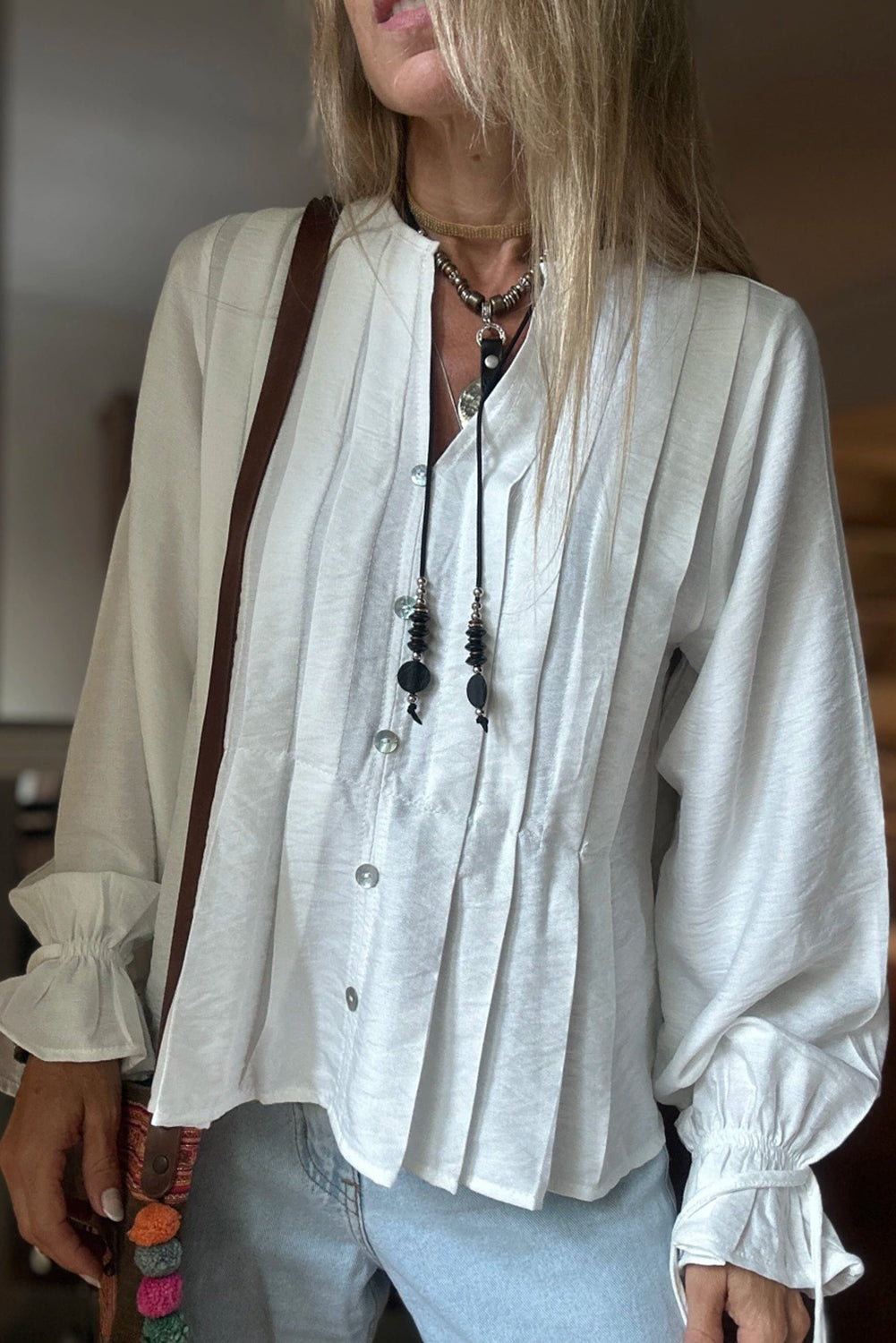 White Pintuck Buttoned Front Decor Ruffled Sleeve Loose Blouse