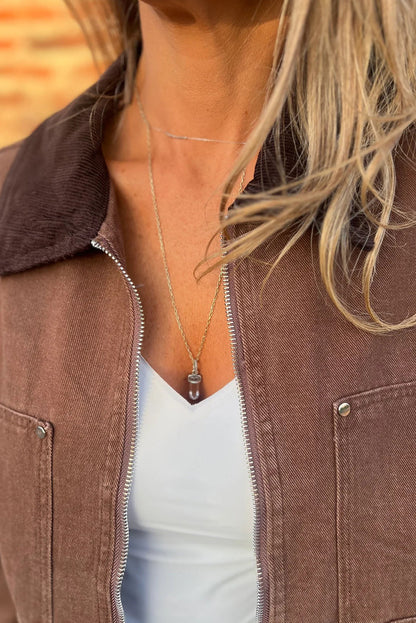 Coffee Corduroy Collar Zipped Front Denim Jacket