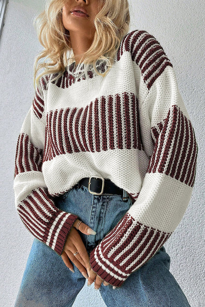 Brown Two Tone Striped Patchwork Drop Shoulder Loose Sweater