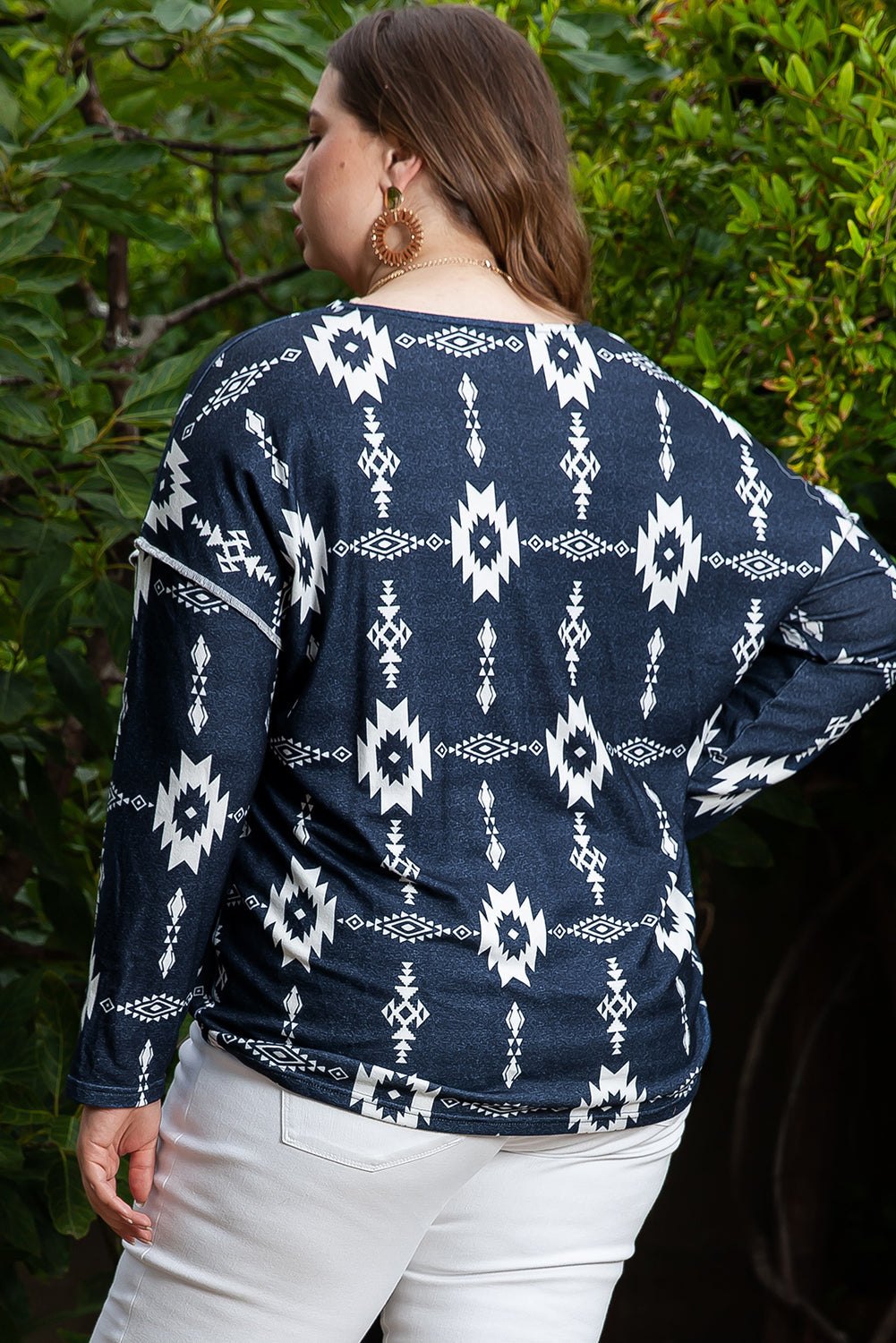 Cozy Grey Aztec Print V-Neck Plus Size Top