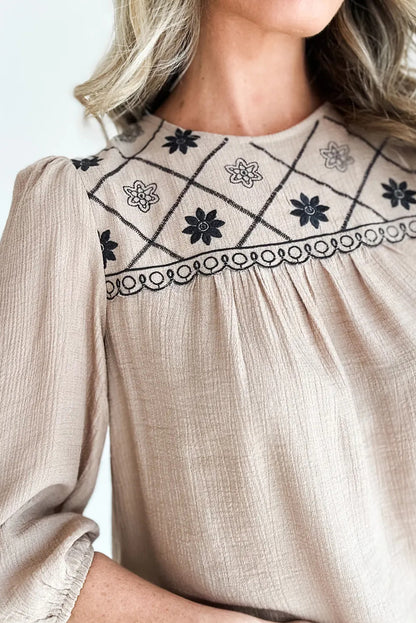 Parchment Embroidered Detail 3/4 Puff Sleeve Round Neck Blouse