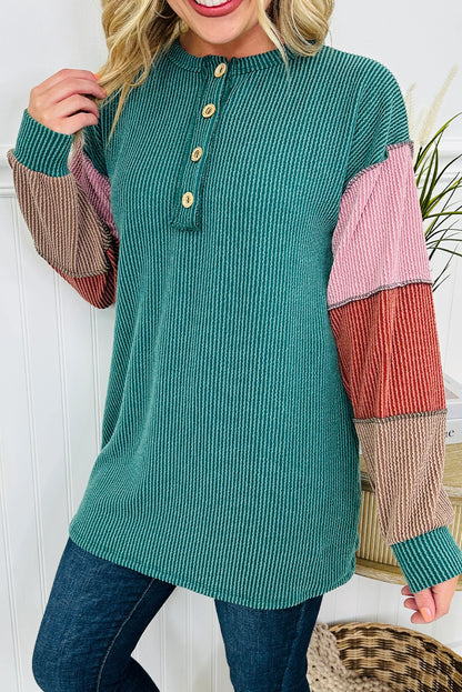 Lapis Twisted Ribbed Exposed Seam Color Block Patchwork Long Sleeve Henley Top
