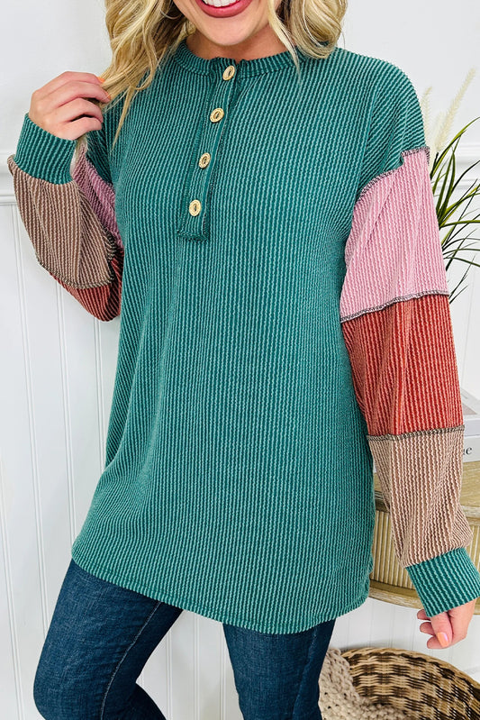 Lapis Twisted Ribbed Exposed Seam Color Block Patchwork Long Sleeve Henley Top