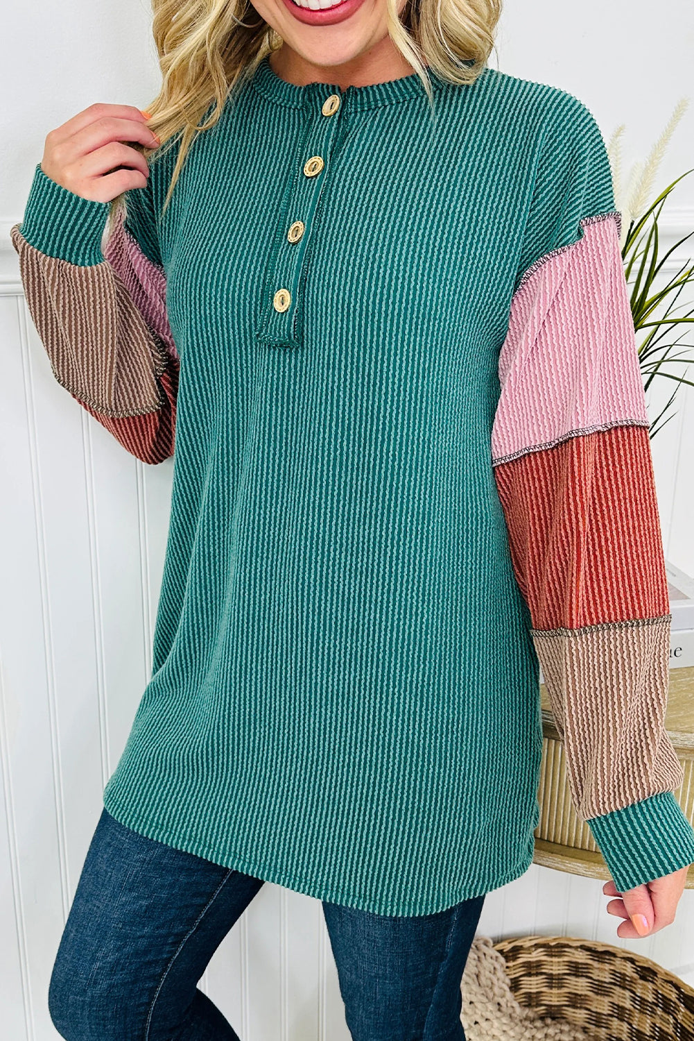 Lapis Twisted Ribbed Exposed Seam Color Block Patchwork Long Sleeve Henley Top