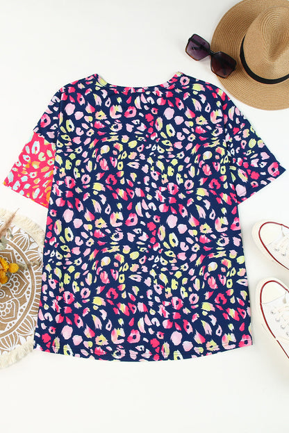 Leopard Patchwork Crew Neck Plus Size Tee
