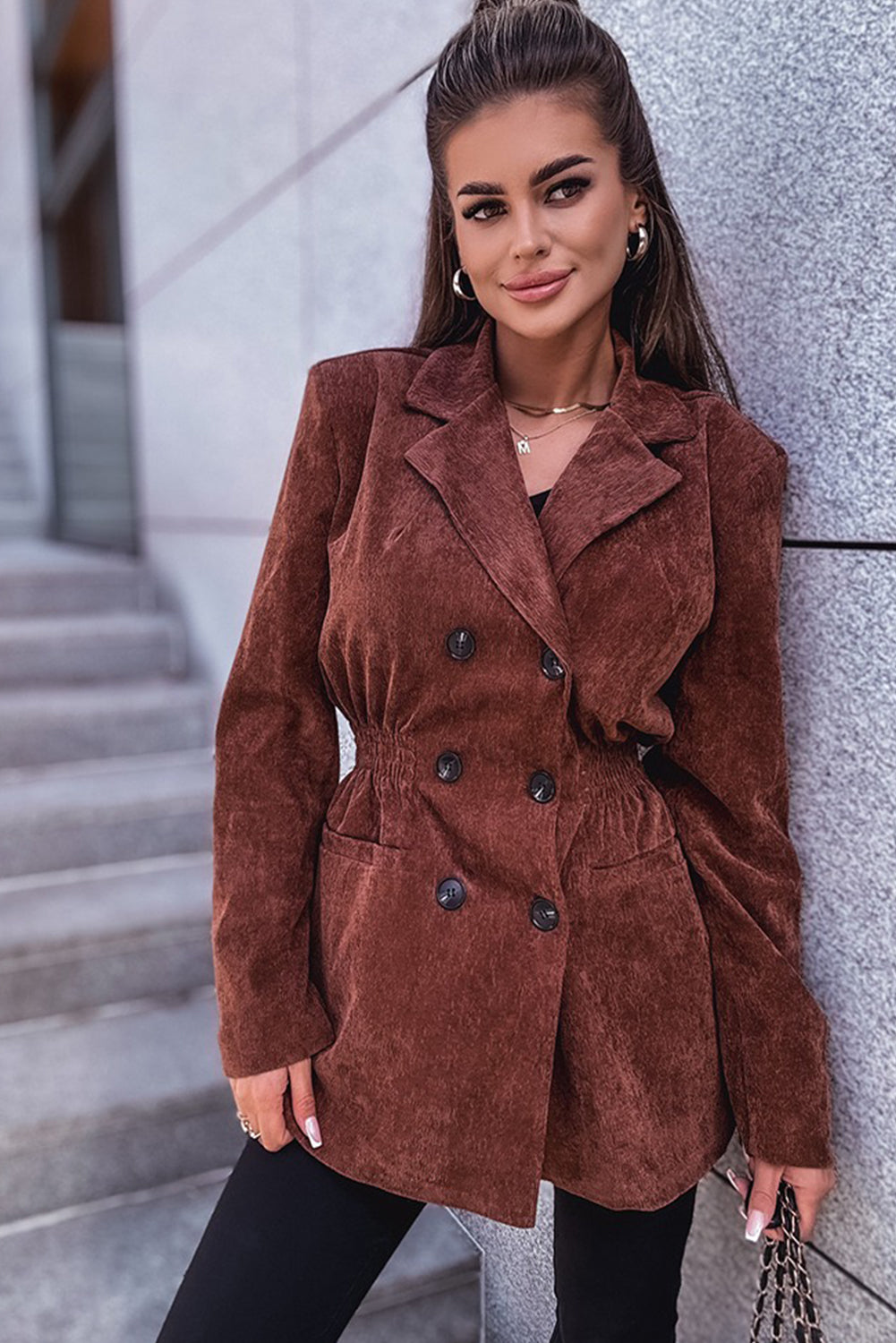 Coffee Corduroy Double Breasted Smocked Waist Blazer