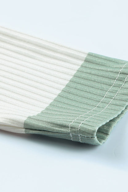 Green Striped Ribbed Long Sleeve Top with Chest Pocket