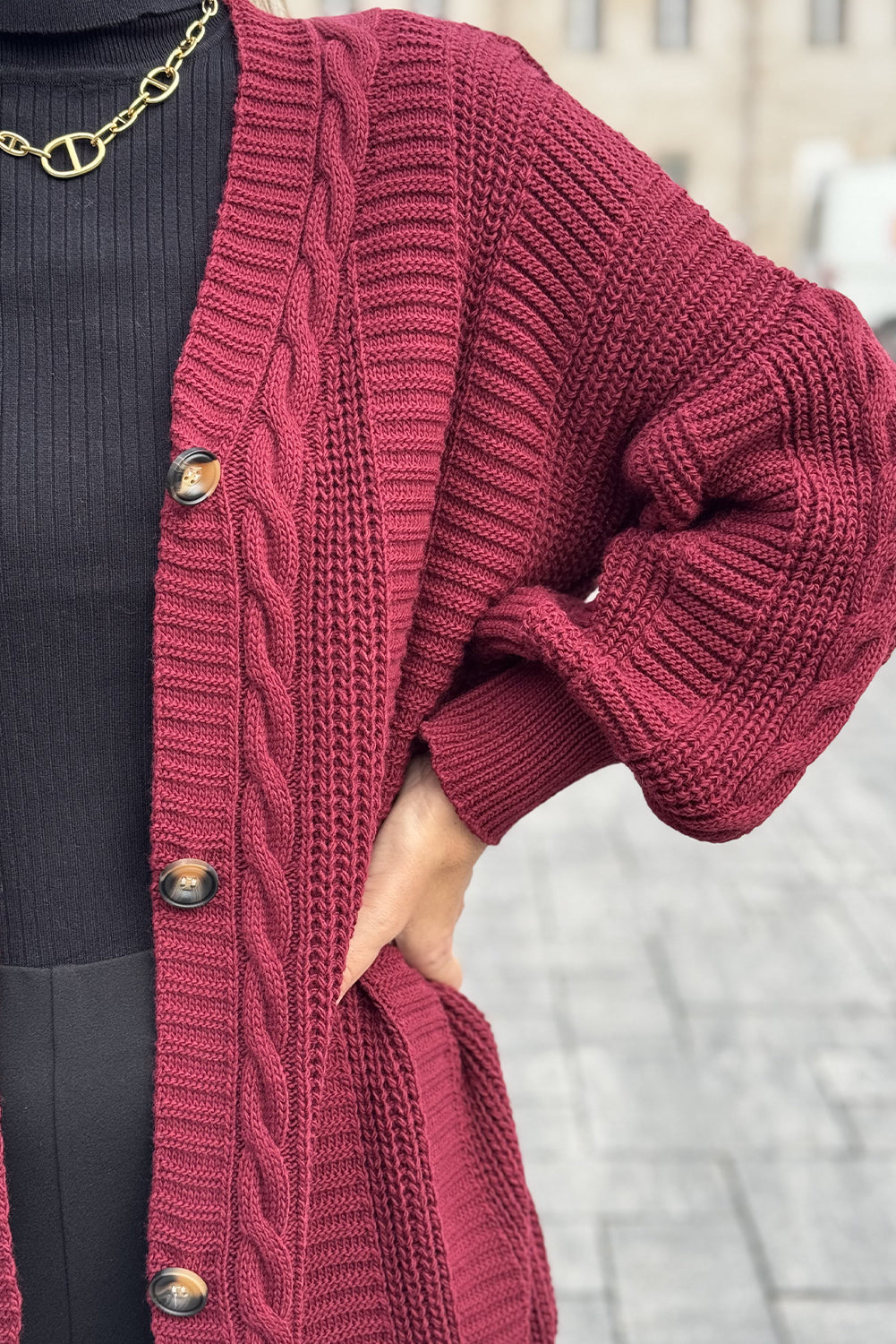 Burgundy Cable Knit Button V Neck Oversize Sweater Cardigan