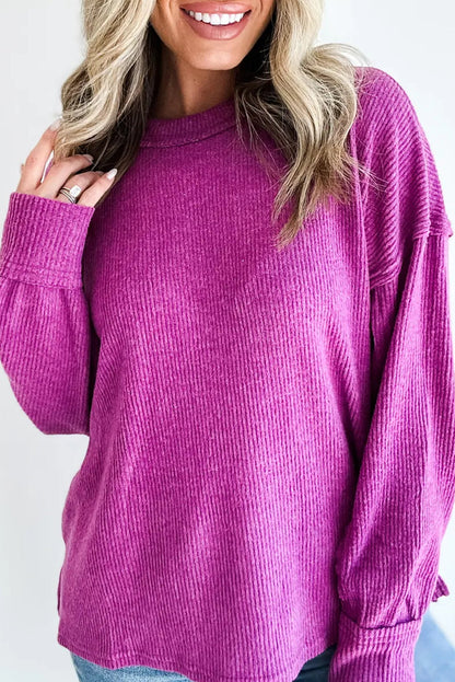 Bright Pink Solid Color Ribbed Knit Raw Seam Long Sleeve Top