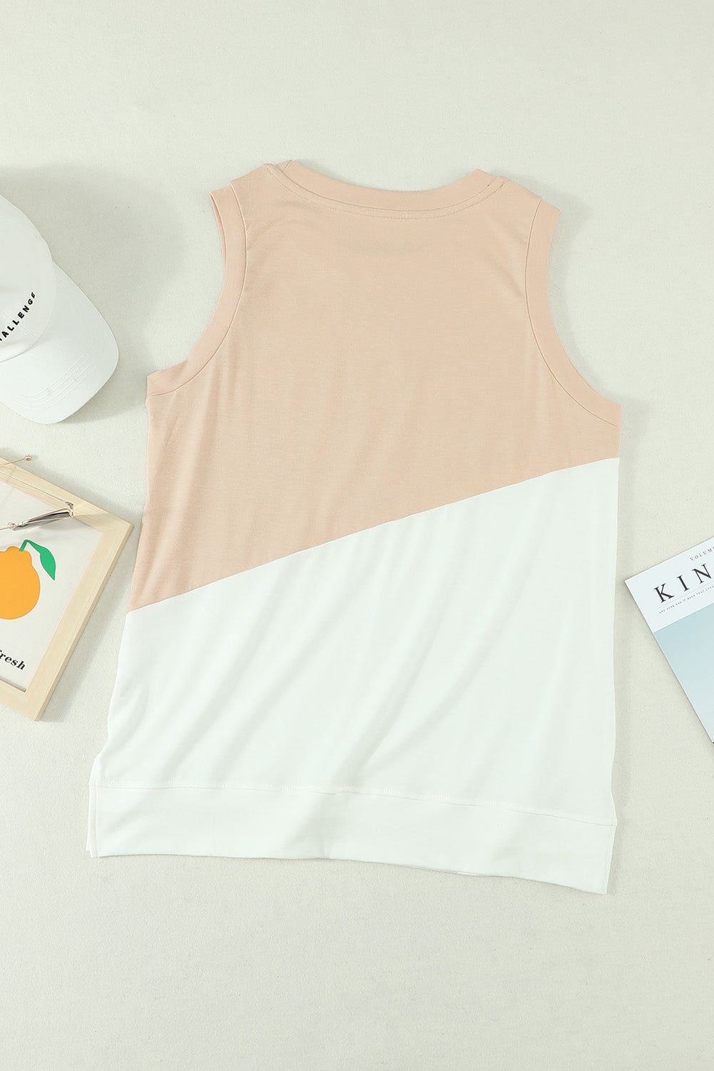 Apricot Colorblock Sleeveless Tank Top with Round Neck