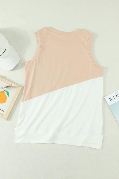 Apricot Colorblock Sleeveless Tank Top with Round Neck