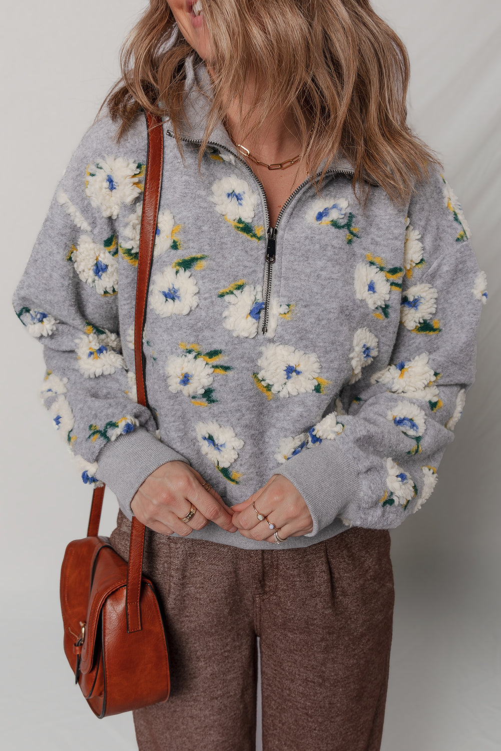 Sleet Plush Flower Pattern Zip Collar Loose Pullover Sweatshirt