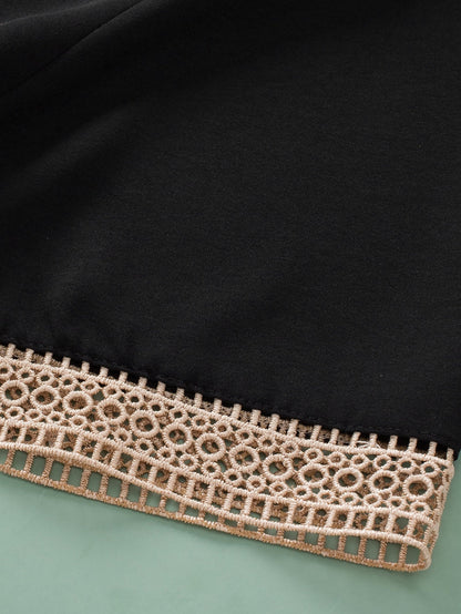 Black Lace Trim Short Sleeve V Neck Plus Size Top