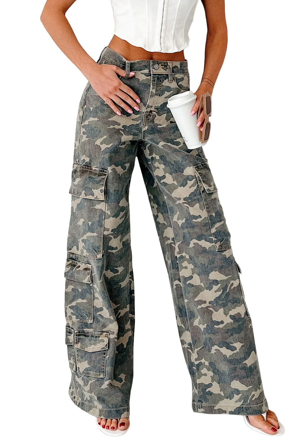 Green Camo Denim Cargo Wide Leg Pants