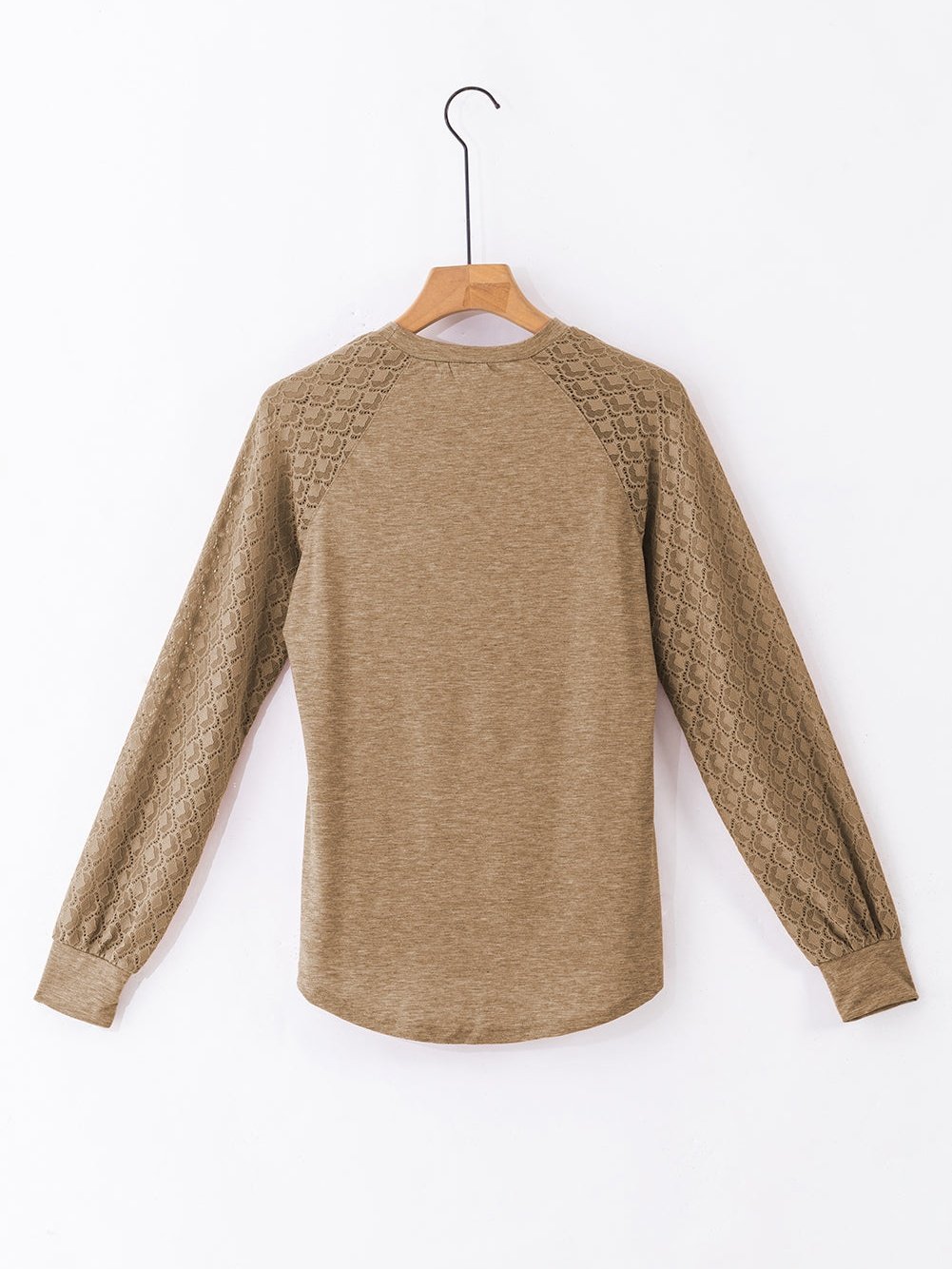 Elegant Light Beige Lace Detail Round Neck Top with Plicate Sleeves