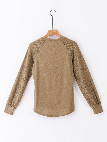 Elegant Light Beige Lace Detail Round Neck Top with Plicate Sleeves