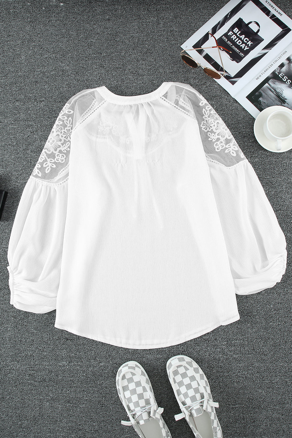 Elegant White Lace Detail V-Neck Blouse