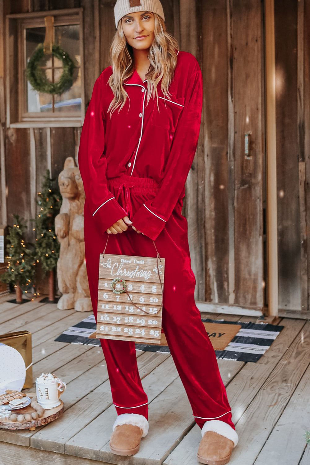 Racing Red Velvet Contrast Piping Trim Long Sleeve Shirt Drawstring Waist Pajama Set