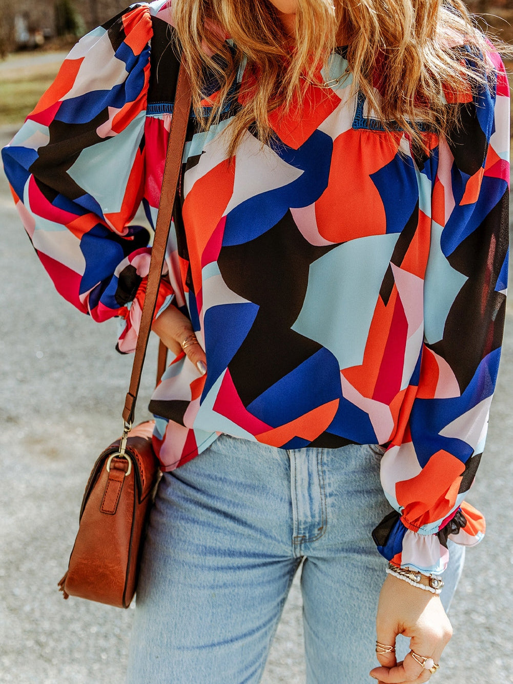 Glowing Abstract Pattern Ruffled Sleeve Crewneck Blouse