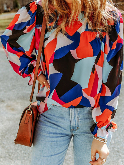 Glowing Abstract Pattern Ruffled Sleeve Crewneck Blouse