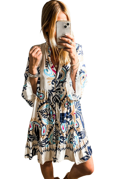 Floral Print Fringed V-neck Mini Dress