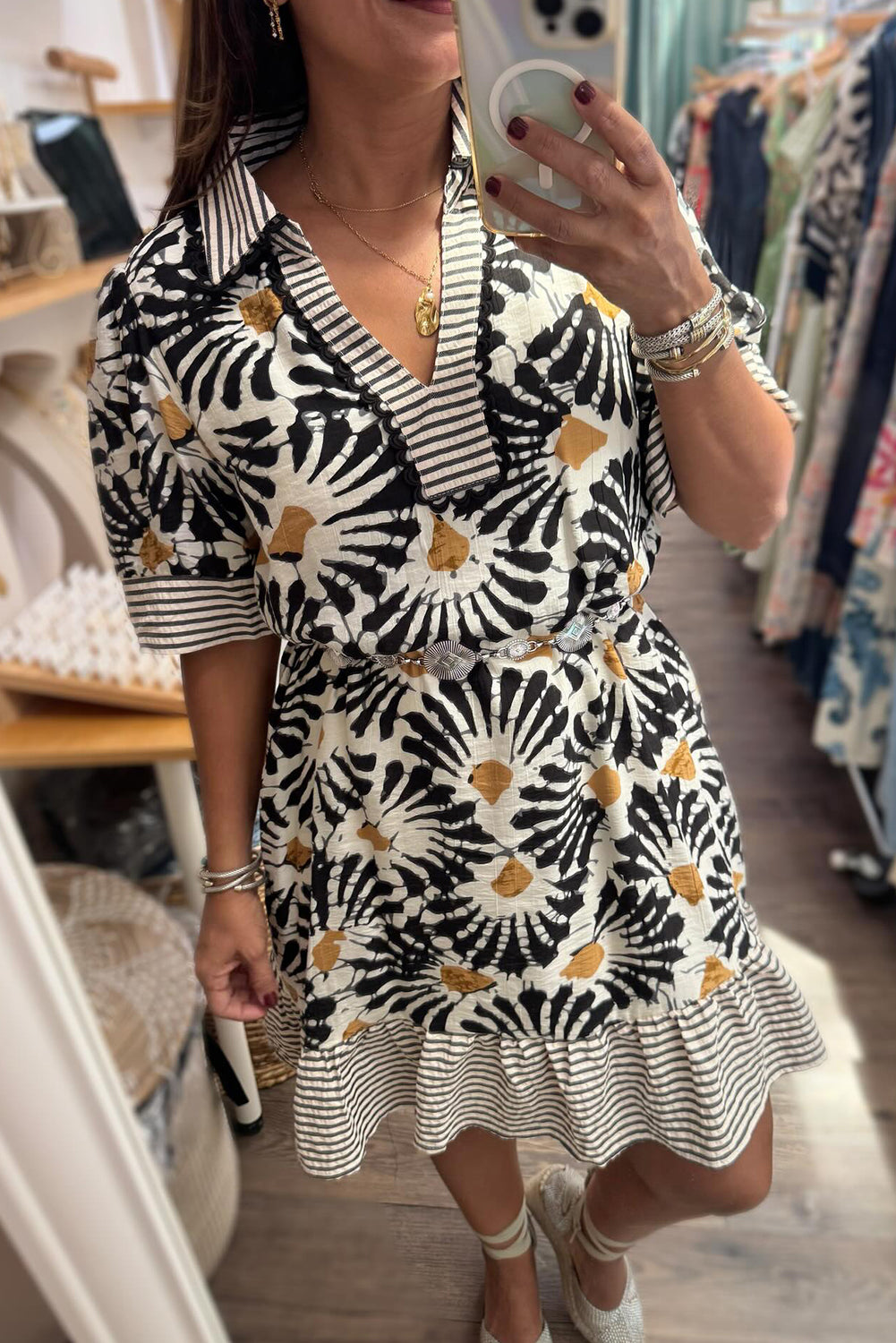 Black Abstract Floral Print Striped Collar Ruffle Hem Mini Dress