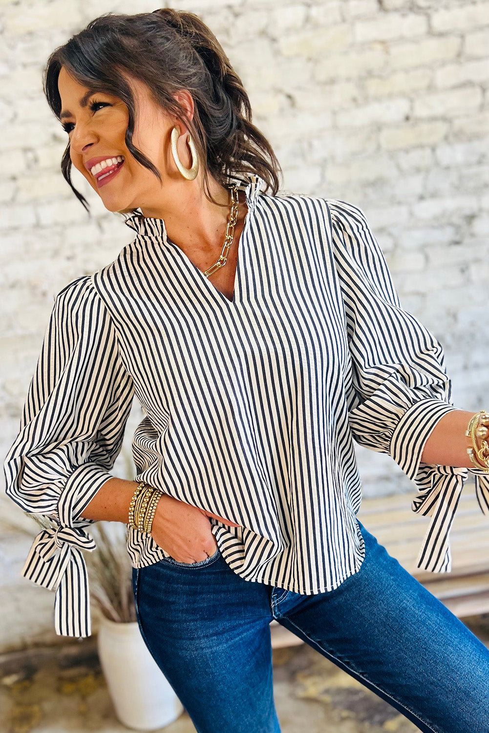 Black Stripe Knotted Cuff Long Sleeve V Neck Blouse