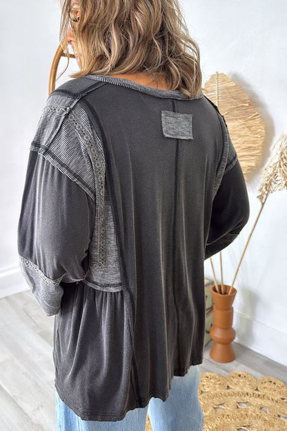 Dark Grey Floral Lace Ribbed Patchwork V Neck Bracelet Sleeve Loose Top