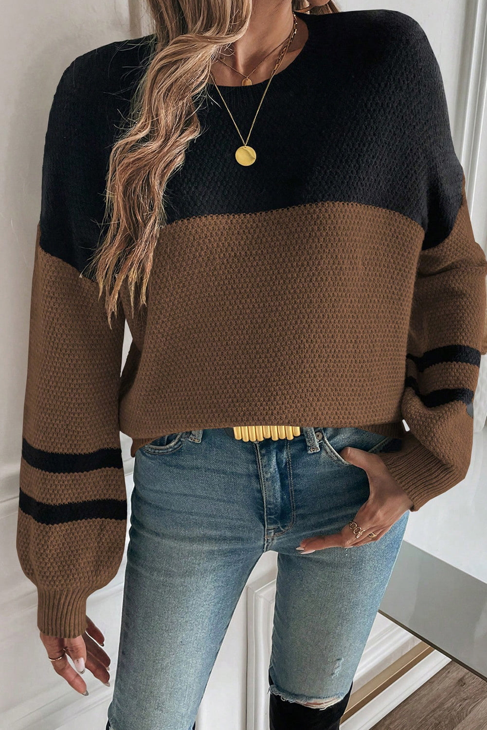 Dark Brown Color Block Knit Striped Sleeve Detail Casual Sweater