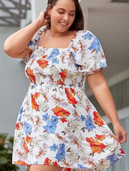White Floral Smocked Flared Plus Size Dress