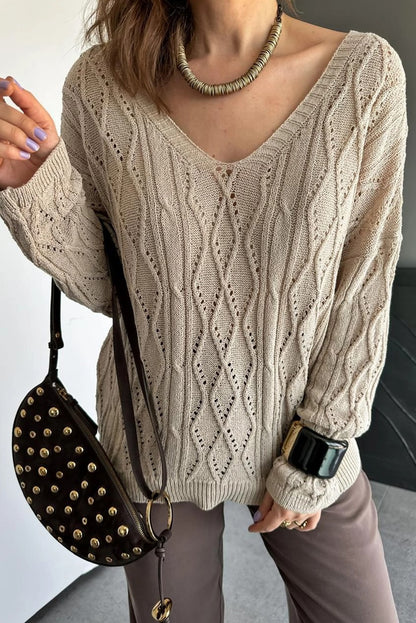 Parchment Geometric Textured Crisscross Lace up Knit V Neck Sweater