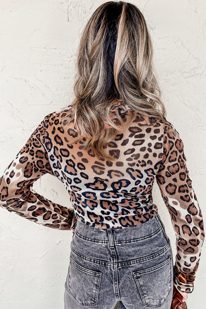 Brown Leopard Round Neck Mesh Long Sleeve Top