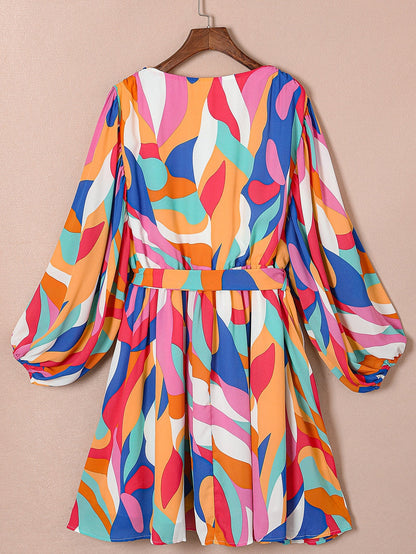 Vibrant Multicolor Abstract Print Plus Size Belted Shift Dress