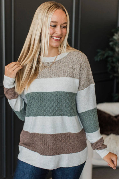Green Mixed Texture Knit Striped Color Block Loose Sweater