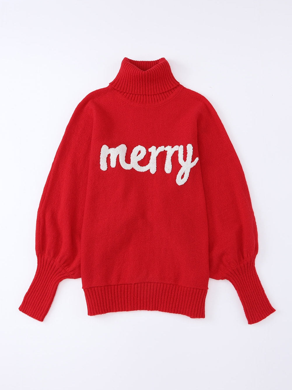 Festive Crimson Turtleneck Embroidered Letter Sweater