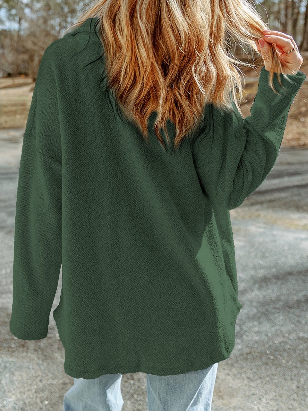 Green Knit Cotton Blend Casual Shacket with Chest Pockets