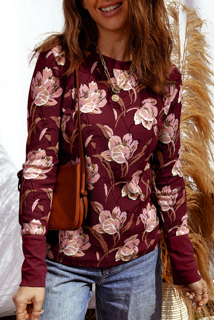 Red Floral Print Waffle Textured Long Sleeve Top