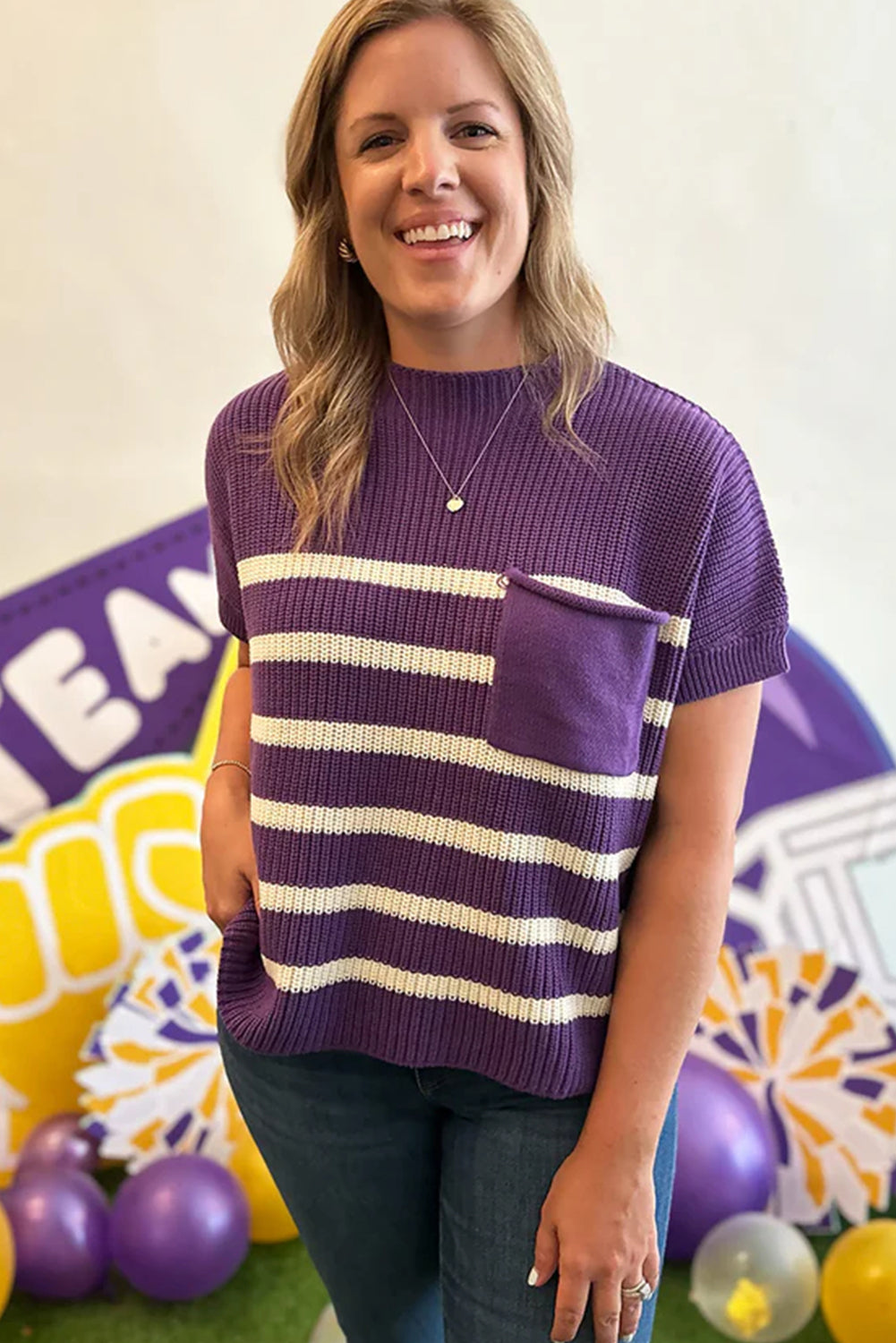 Purple Stripe Raw Edge Patched Pocket Short Sleeve Knit Sweater