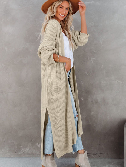 Beige Chunky Knit Open Front Duster Cardigan with Side Slits