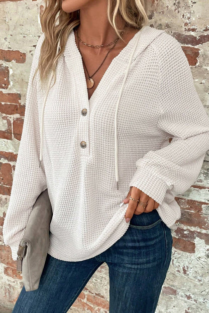 White Thermal Waffle Knit Button V Neck Loose Drawstring Hoodie