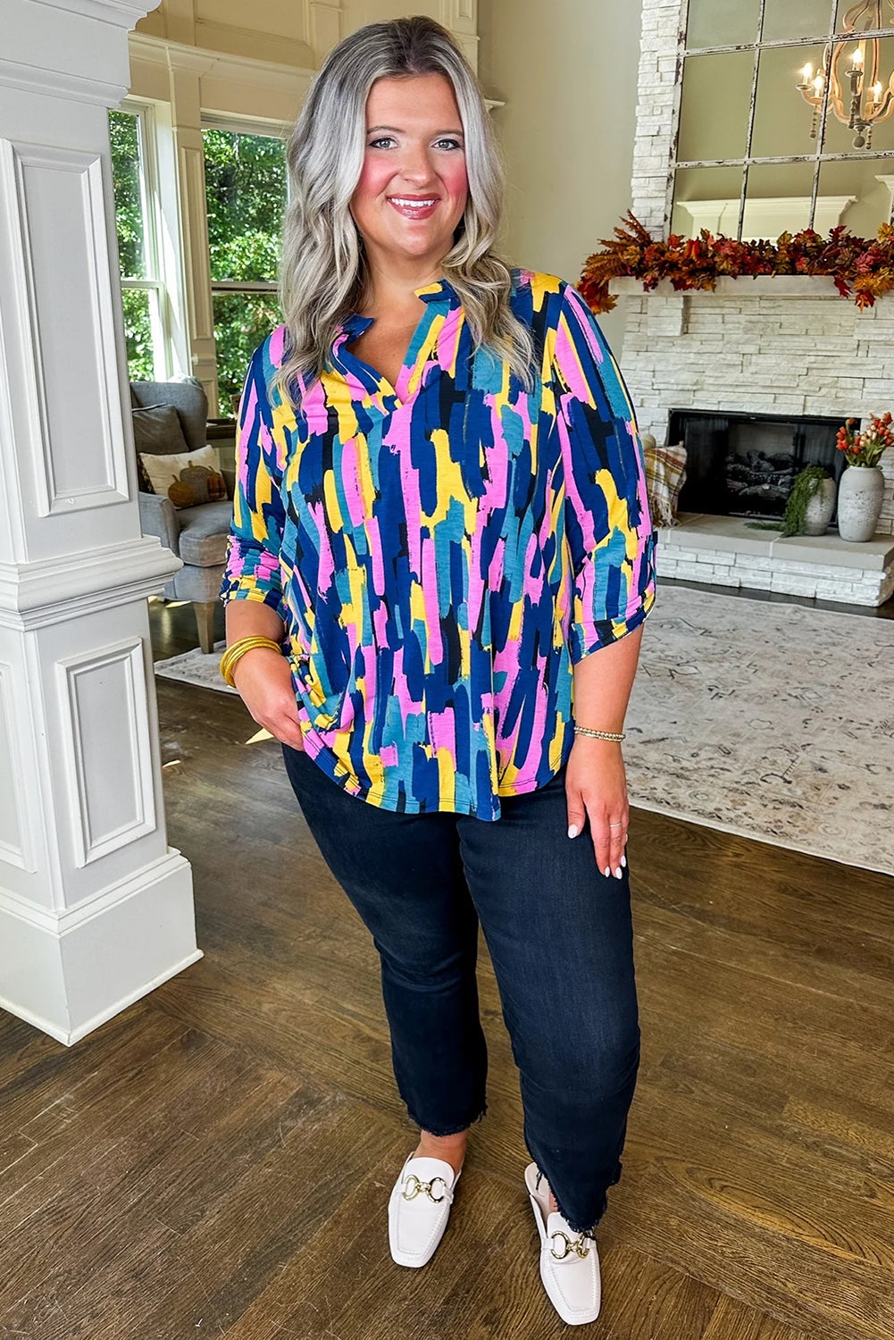 Blue Plus Size Brushstroke Print 3/4 Sleeve Blouse