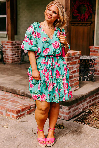 Green Floral Surplice Ruffled A-Line Plus Size Dress