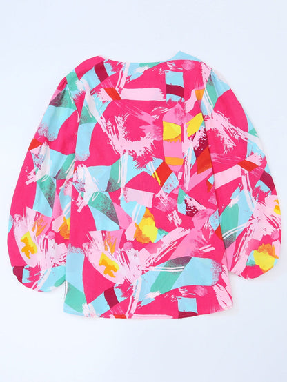 Vibrant Pink Graffiti Print Plus Size Blouse with Puff Sleeves