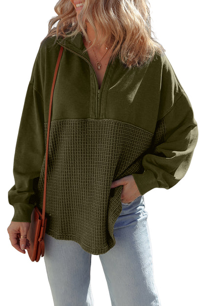 Moss Green Waffle Knit Patchwork Half Zipped Casual Sweatshirt