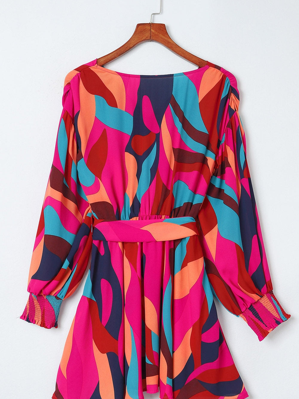 Lapel Print Lace-Up Long Sleeve Dress