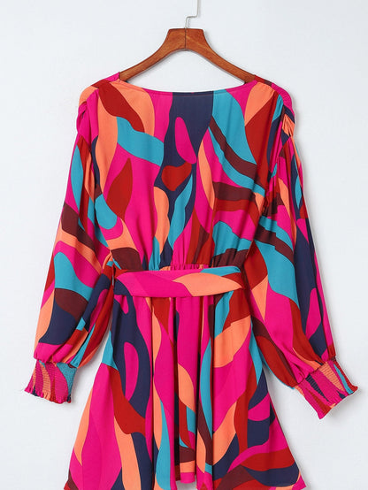 Lapel Print Lace-Up Long Sleeve Dress