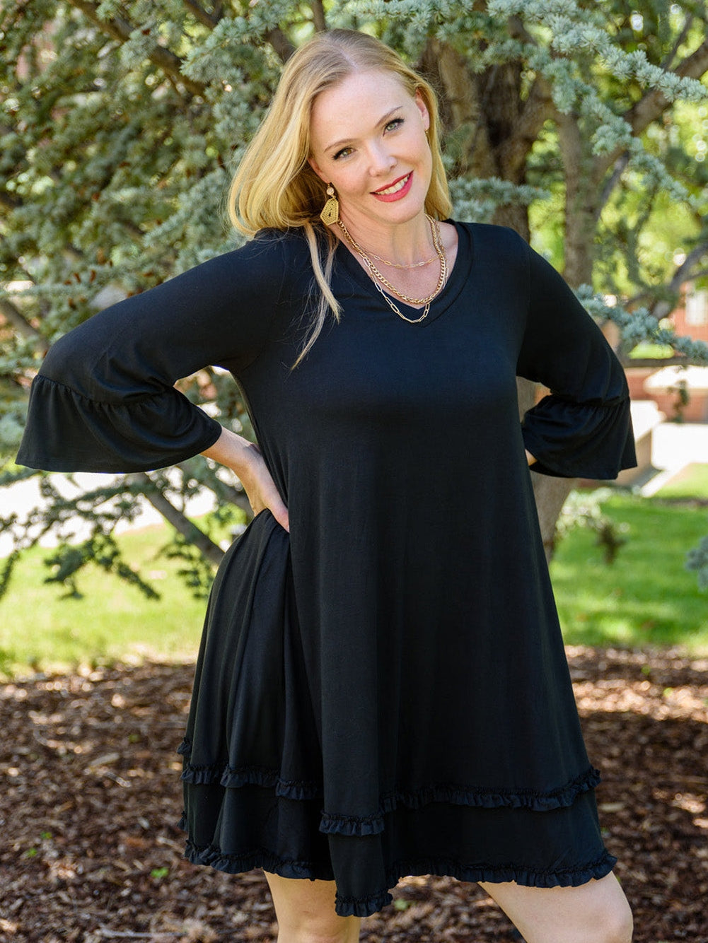 Black Plus Size Ruffled Trim 3/4 Sleeve Dress