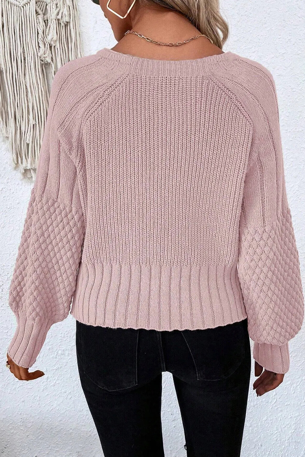 Light Pink Mixed Texture Knit Button V Neck Sweater Cardigan
